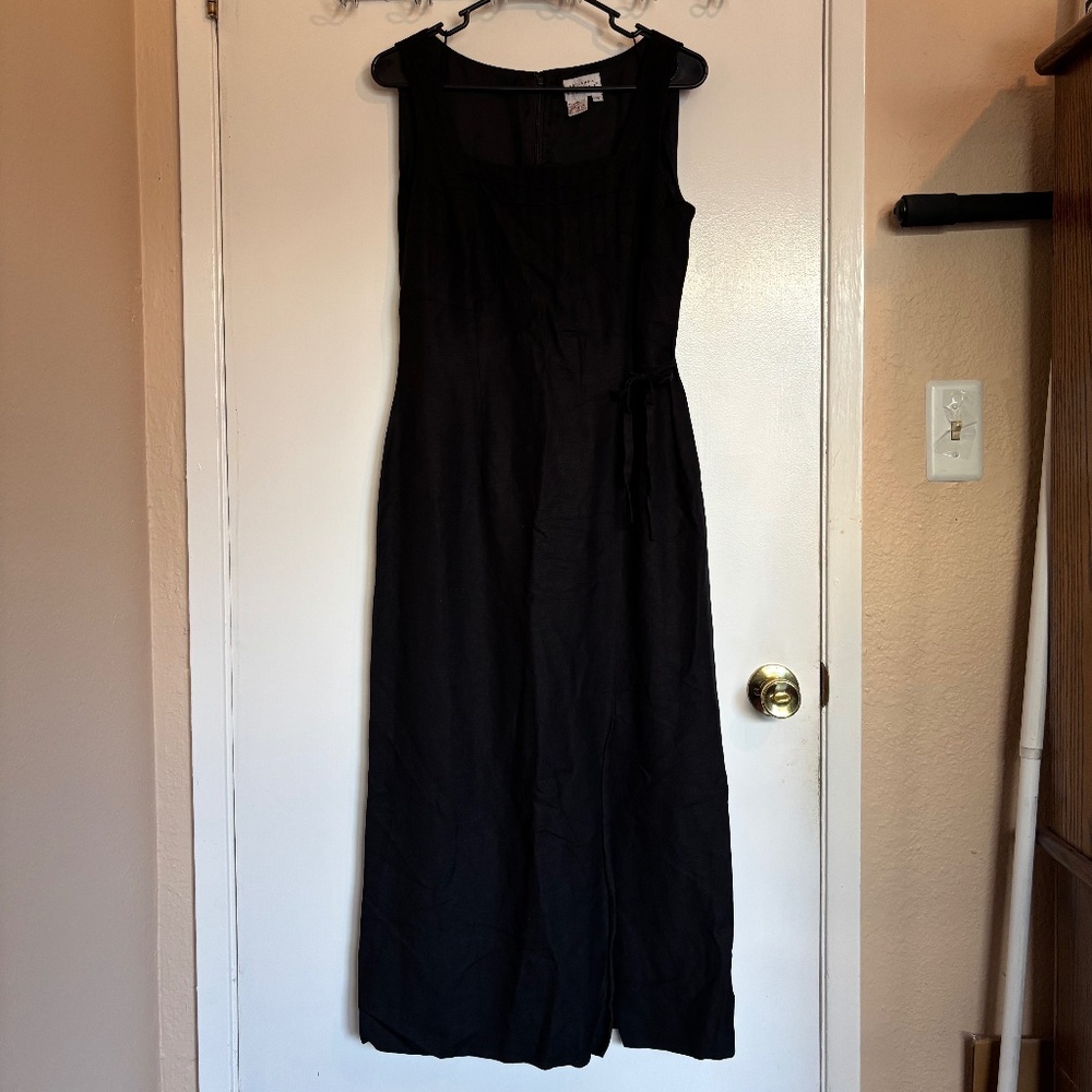 Adrianna Papell Black Linen Midi Dress Tie Waist
